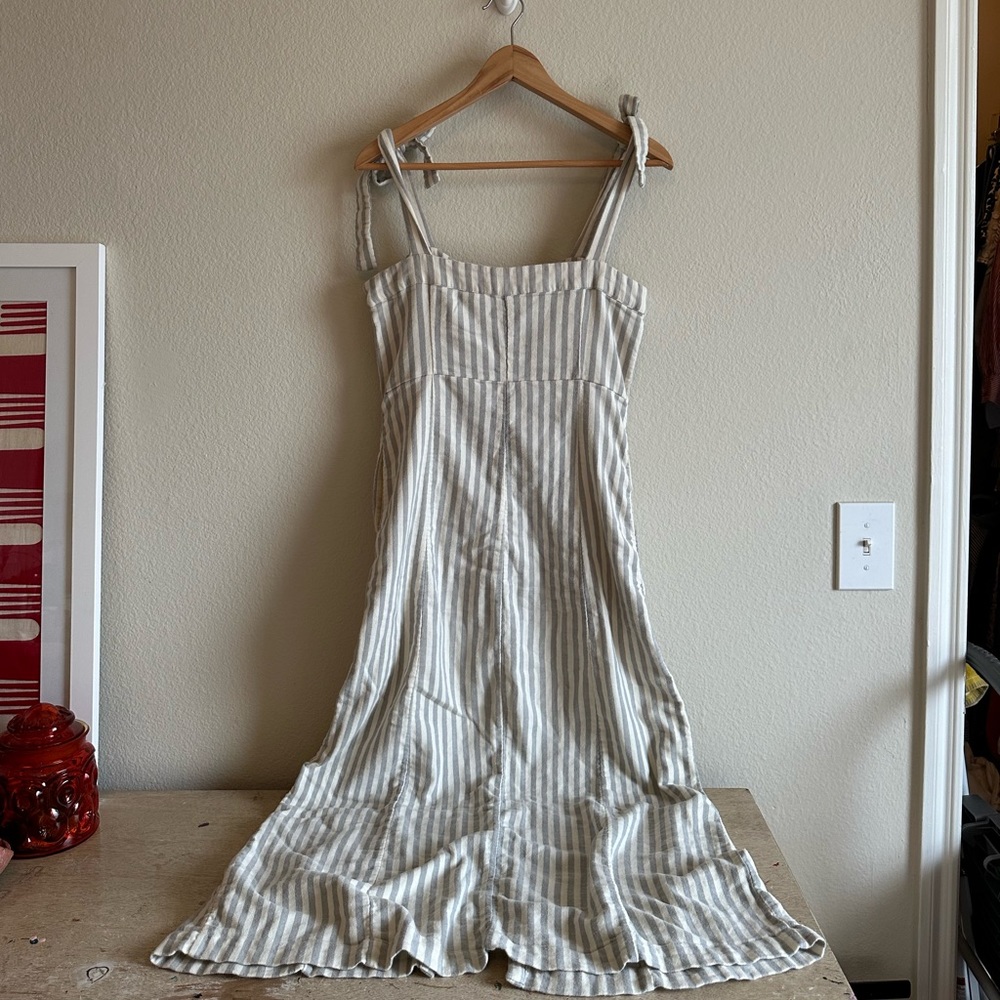Faherty Cream and Tan Striped Linen Maxi Dress with Tie Straps - Picture 7 of 16